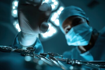 A surgeon's gloved hand reaches for surgical instruments in a brightly lit, sterile operating room, showcasing precision and focused action.