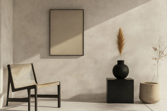 Organic modern living room with subtle wooden furniture, neutral tones, and cozy accent seating, generative AI concept