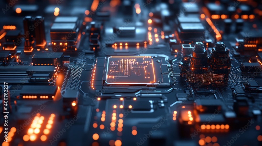 Poster intricate motherboard landscape with glowing circuit pathways illuminating the complex world of mode