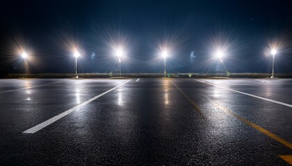 empty parking lot at night with bright lights reflecting on wet asphalt