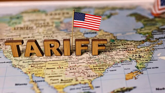 Wooden blocks spelling TARIFF placed on world map show worldwide Import tariffs, Tariffs Tax locations and meaning, Tariff definition in global trade