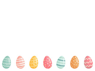 Colorful pastel Easter eggs with various patterns forming a bottom border on a white background. Perfect for greeting cards, banners, invitations, and spring holiday designs.