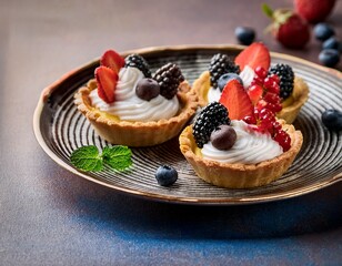 rustic mini tartlets with cream and fruit garnish on artistic plate