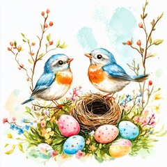 Obraz premium Easter day celebration with birds nesting amidst colorful eggs nature's garden illustrative art spring vibes cheerful scene