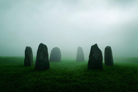 A cryptic stone circle in the middle of a fog-filled field, with dark, ancient runes carved into the stones.


