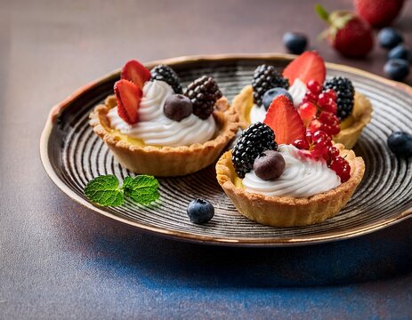 rustic mini tartlets with cream and fruit garnish on artistic plate