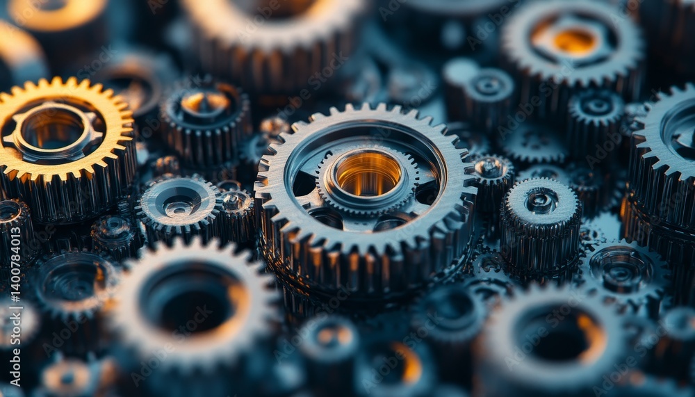 Poster precision engineering close-up of interlocking metallic silver gears on a sleek background