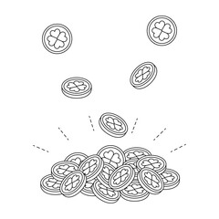 Bunch of coins. Coloring page with contour lucky coins. Black and white image of gold coin rain.  Money with clover.