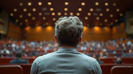Fototapeta premium Male attendee with curly hair observes diverse audience in conference hall