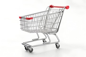 Isolated Metal Shopping Cart Studio Shot Red Accents Retail Consumerism Grocery Store Supermarket On Seamless White Background, shopping cart, supermarket cart, metal cart, store cart, retail
