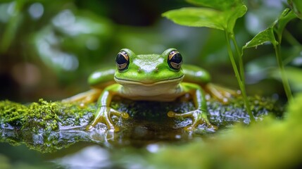 Obraz premium Vibrant Green Tree Frog in Lush Habitat