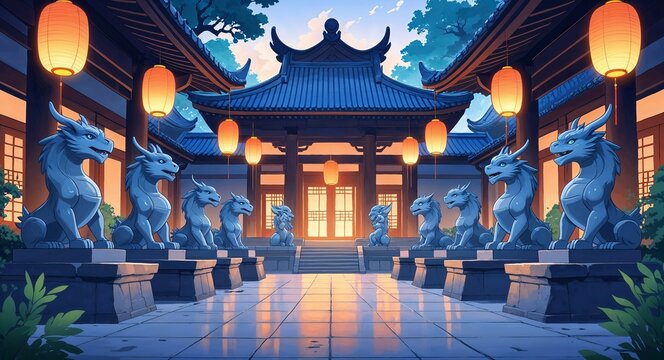 A serene temple courtyard with large stone statues of mythical creatures softly lit by lanterns anime cartoon style illustration artwork design background