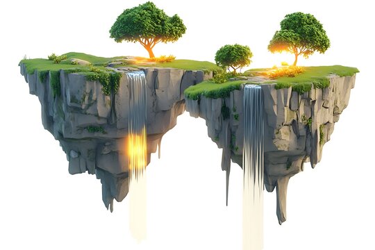 3D Floating Islands with Glowing Waterfalls. - Powered by Adobe