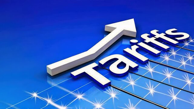 3D word tariffs with arrow up on blue background shows rise in Import tariffs, growing Tariffs Tax, and upward trend in Tariff rates