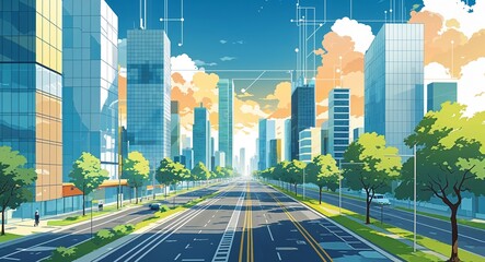 An abstract city planning design with grid patterns and future oriented streets anime cartoon style illustration artwork design background