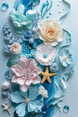 Elegant floral arrangement with flowers and starfish in pastel blue, pink and white.