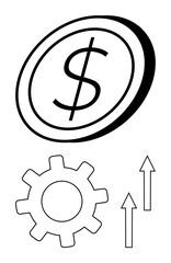Coin with dollar sign, gear symbolizing efficiency, upward arrows representing growth and advancement. Ideal for themes thumbs up business, economy, progress, productivity, finance, expansion