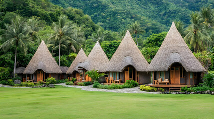 Obraz premium Row of Thatched Roof Bungalows Amidst Lush Greenery Tropical Island Resort with Traditional Architecture in a Rural Setting and a Bright Sunny Day
