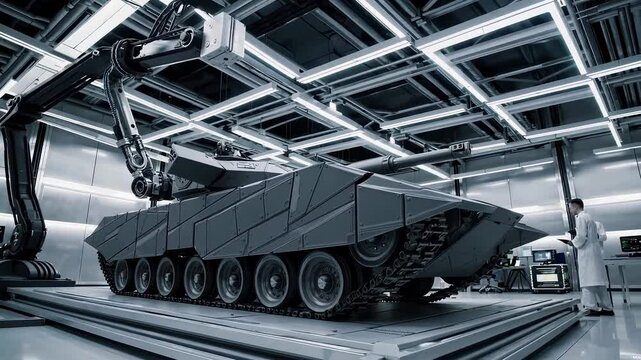 Advanced robotic assembly line constructing futuristic military tank in high-tech factory environment, modern warfare and defense technology concept