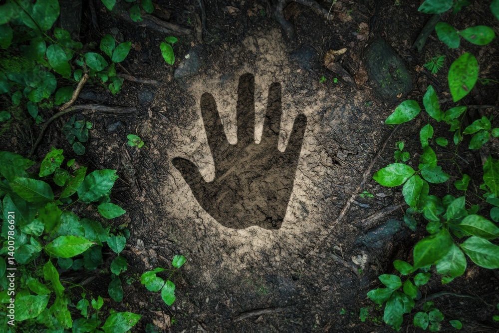 Poster creative handprint formed by forest trails and tree lines symbolizes human connection to nature and 