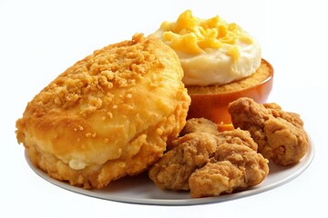 A golden-crusted bread bowl brimming with cheesy mac and cheese, accompanied by crispy fried chicken tenders, a delightful comfort food feast.
