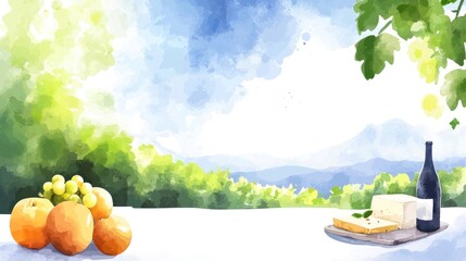 Serene Watercolor Landscape Wine Cheese Fruit Vineyard View