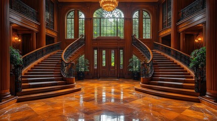 Obraz premium Grand Wooden Staircase in Luxurious Mansion