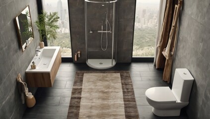 Bathroom interior top view room with empty bath tub toilet and bidet bowls ceramic sink with mirror window rug on floor modern lavatory