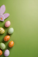 Decorative vertical Easter eggs with various patterns and bunny ears arranged on vibrant green background 