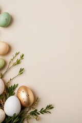 Easter vertical eggs in gold, white, and pastel colors placed with green branches on a beige background, evoking a sense of spring and festivity