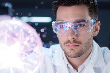 Close-up portrait of young male scientist in protective goggles with plasma light reflections, surrounded by lab glassware. Dark background with neon laboratory lighting.