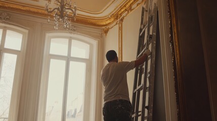 Painter touching up walls in a newly renovated living room. Featuring attention to detail and expertise