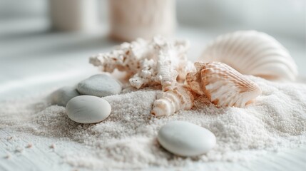 Decorative arrangement of beige seashells and smooth pebbles on white sand in a serene coastal setting, minimalist style