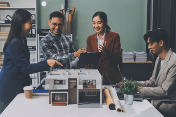 Construction, planning and architects meeting about design of building, strategy and working in industrial collaboration. Architecture workers talking about maintenance project with paper and a model