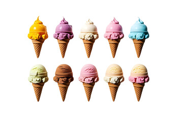 Realistic vector illustration set of ice cream cones in a variety of flavors including fruity vanilla chocolate with waffle cones perfect for dessert branding summer packaging and food menus