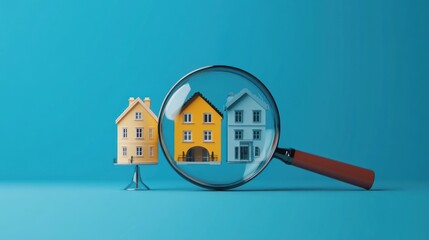 Miniature houses being viewed through a magnifying glass for selection