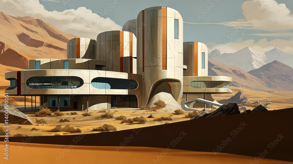 Poster Retro futuristic architecture in sci-fi scene on the desert planet. Alien landscape with nostalgic retro future constructions
