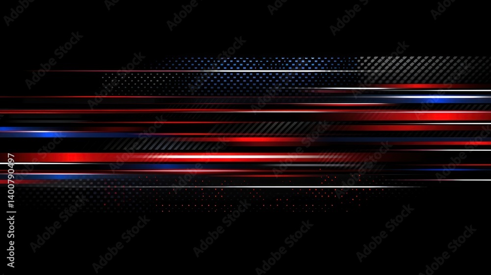 Poster a futuristic abstract design with horizontal lines of red and blue, on a dark background.