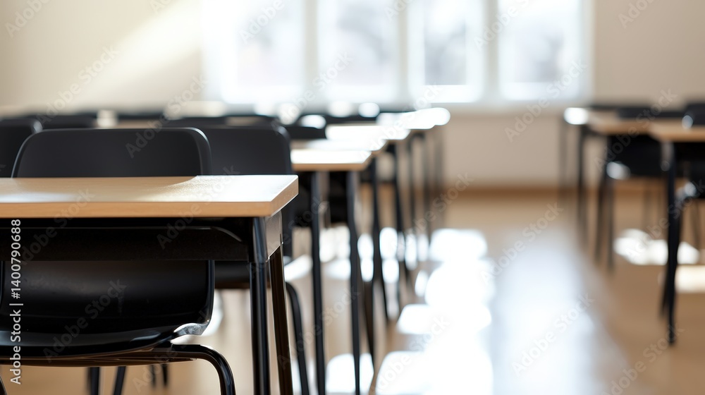 Poster sunlight streams into an empty classroom illuminating rows of neat unoccupied desks and black chairs