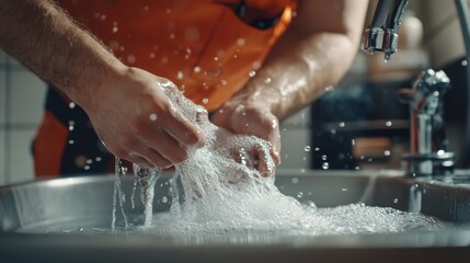 Fototapeta premium Plumber fixing a broken toilet pipe in a bathroom. Featuring problem-solving and technical expertise