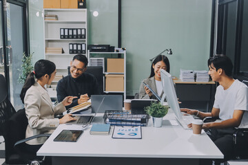 Cheerful meeting room, businesspeople celebrate with handshaking. Successful project was completed before the deadline. Business partnership and collaboration in project management. Habiliment