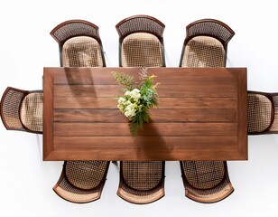 top view of wooden dining table with chairs isolated white background