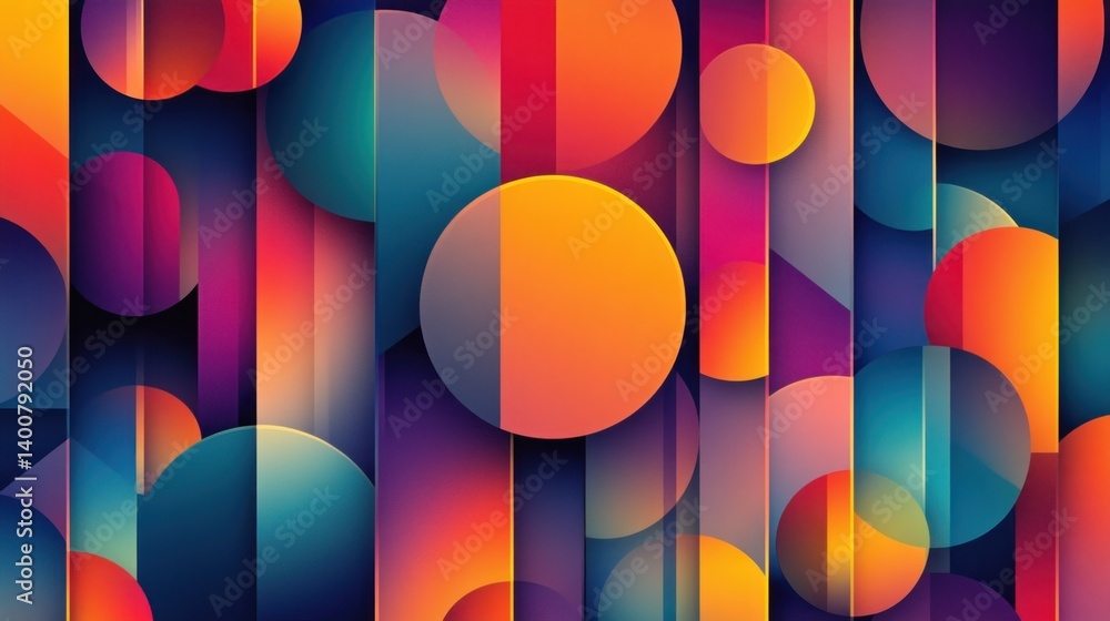 Poster abstract color field composition with geometric shapes overlapping and gradient filled hues providin