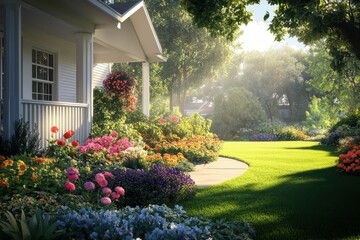 Obraz premium A house with a beautiful garden filled with colorful flowers on a sunny day in the summertime light
