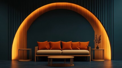 Modern Living Room,  Warm Lighting, Wooden Arch, Cozy Sofa, Night Scene, Product Display
