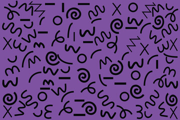 Memphis geometric seamless pattern. Monochrome abstract background in retro 80s, 90s style with various shapes circles, semicircles, dots, zigzags, spirals, wavy lines. Cute kid doodle design. black