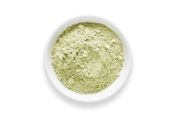 Cosmetic clay for a face mask in a bowl. Isolated on a white background.
