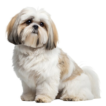 Adorable Shih Tzu puppy sitting in front with fluffy white fur on a pure white background