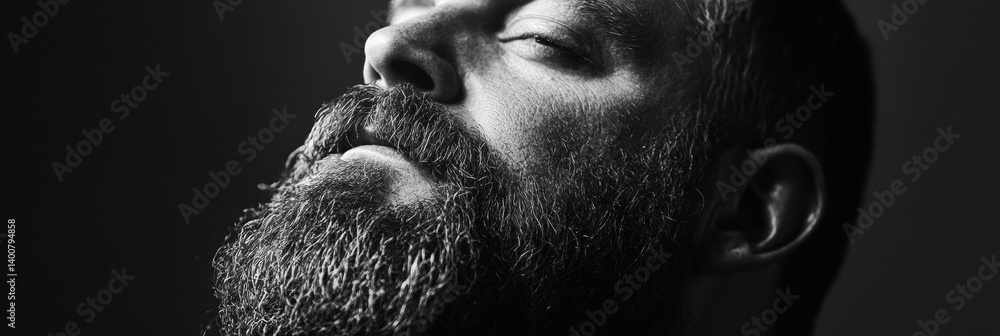 Poster high-contrast black and white portrait capturing a man with a thick beard illuminated by studio ligh