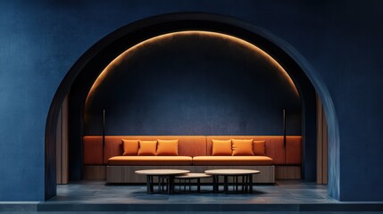 Modern orange couch alcove, blue wall,  ambient lighting, zen interior design